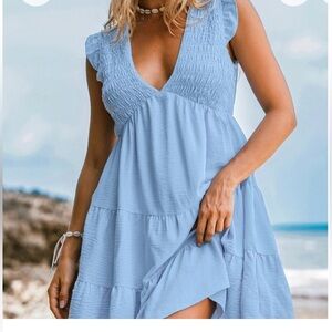 Cupshe Blue Swim Coverup with Ruffled Sleeves and V-Neck
